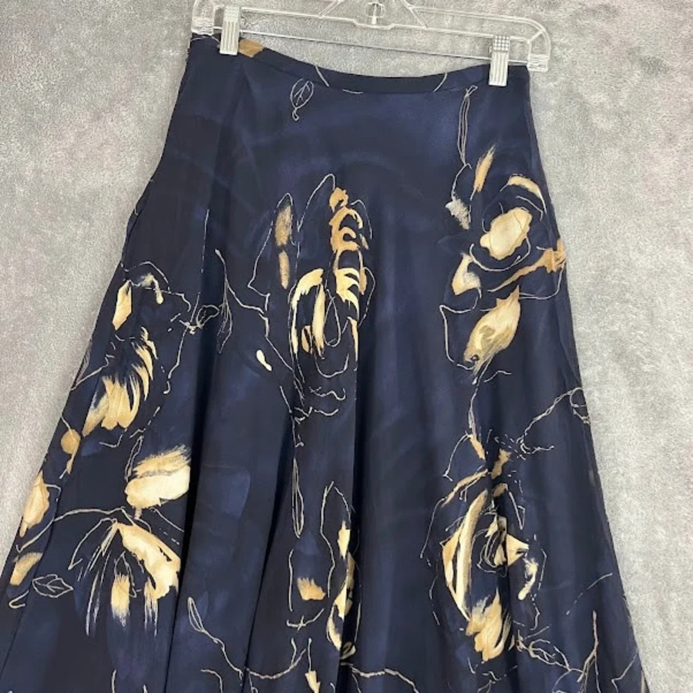 Vintage Dana B Maxi Skirt Womens 8 100% Silk Navy Blue Floral Fairy Whimsical
